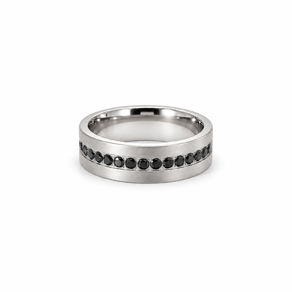 Men’s 7MM Flat Wedding Band with Black Diamond Row | 14kT White Yellow Rose Gold or Zirconium | 1/2 Eternity or Full
