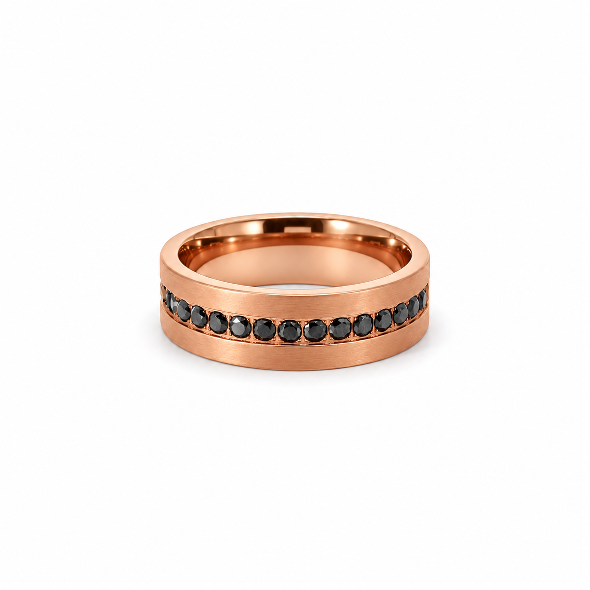 Men’s 7MM Flat Wedding Band with Black Diamond Row | 14kT White Yellow Rose Gold or Zirconium | 1/2 Eternity or Full