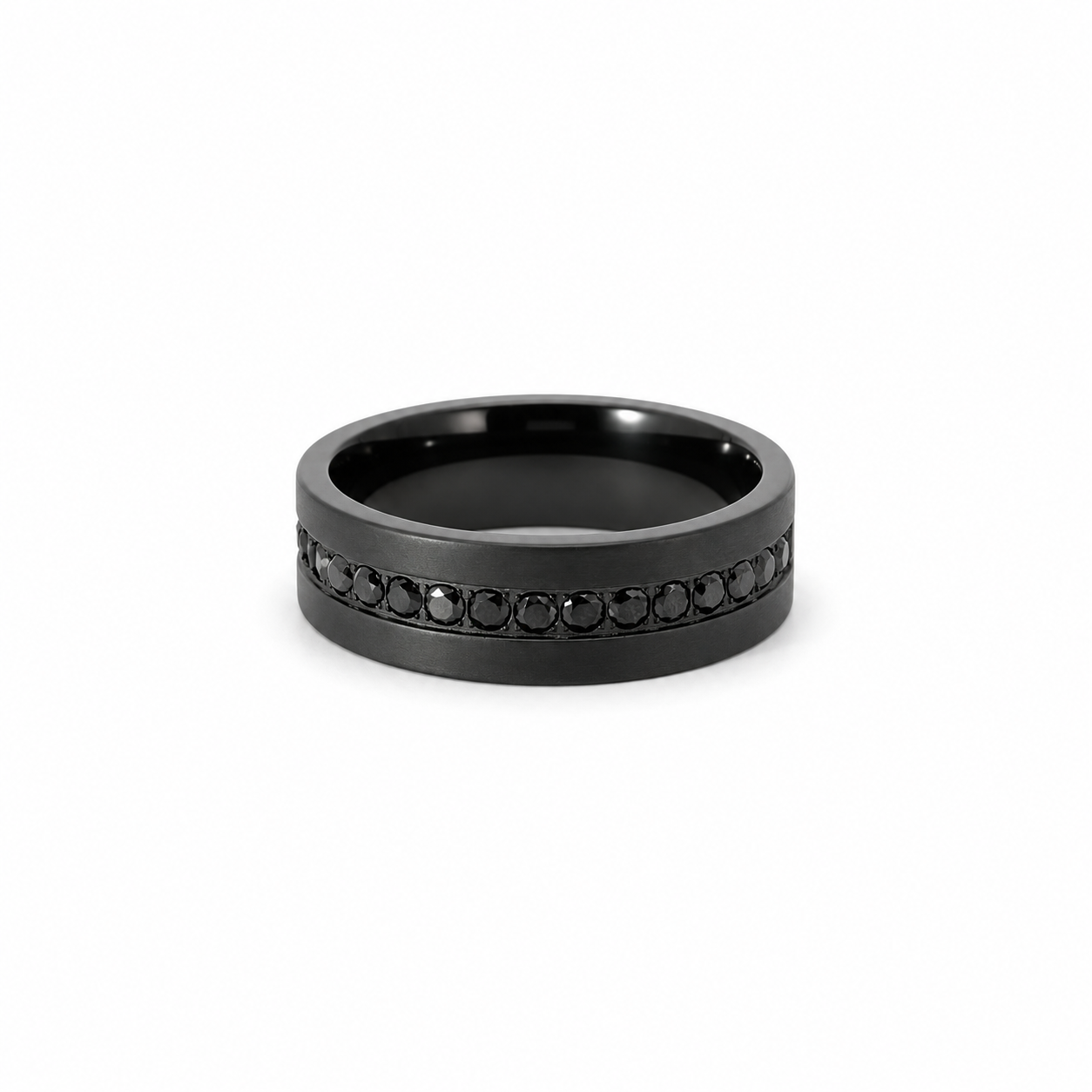 Men’s 7MM Flat Wedding Band with Black Diamond Row - Choice of Zirconium - Men’s Wedding Band