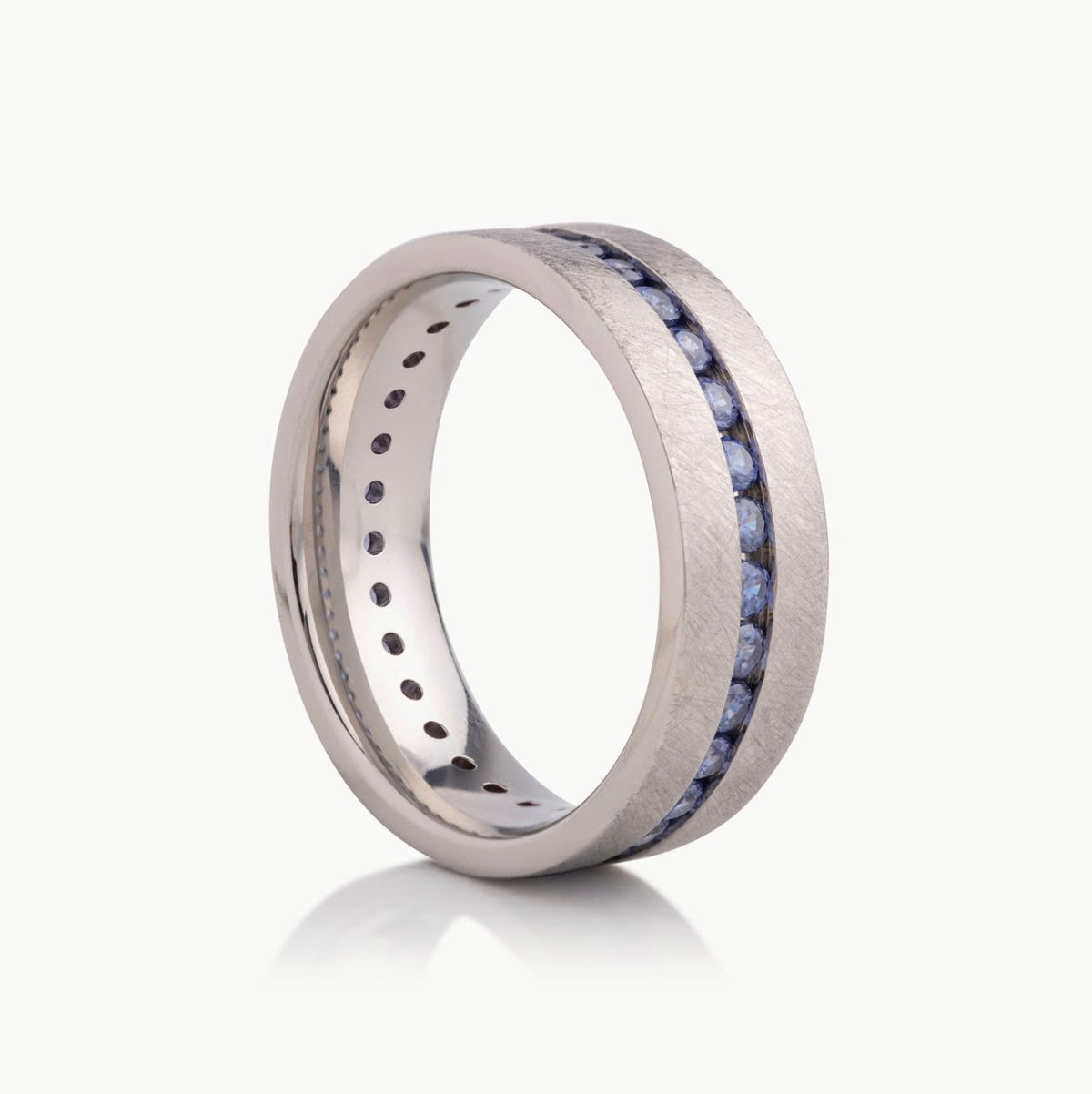 Men’s 7MM Flat Wedding Band with Eternity Blue Sapphire Gemstones- Choice of White Gold / Yellow Gold/ Rose Gold