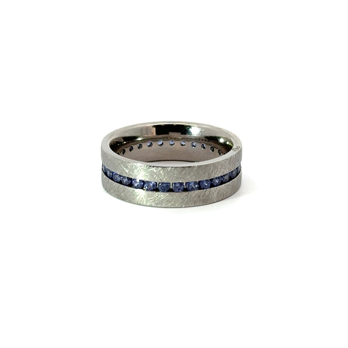 Men’s 7MM Flat Wedding Band with Eternity Blue Sapphire Gemstones- Choice of White Gold / Yellow Gold/ Rose Gold