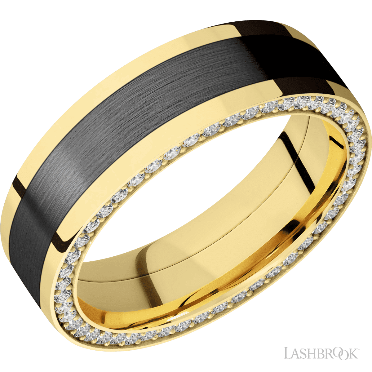 Men’s 7MM Flat Wedding Band With Zirconium Inlay and Diamonds on Edges- Choice of White Gold / Yellow Gold or Rose Gold