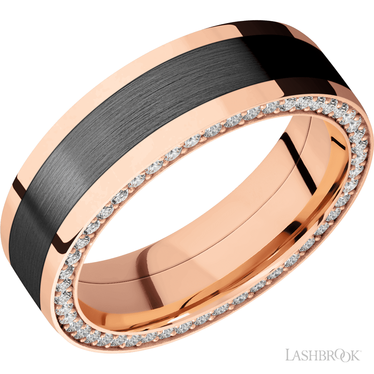 Men’s 7MM Flat Wedding Band With Zirconium Inlay and Diamonds on Edges- Choice of White Gold / Yellow Gold or Rose Gold