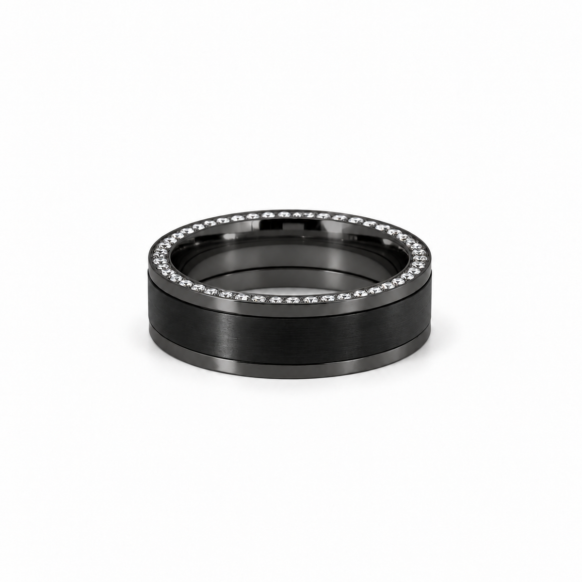 Men’s 7MM Flat Wedding Band With Zirconium Inlay and Diamonds on Edges | 14KT White Gold Yellow Gold Rose Gold