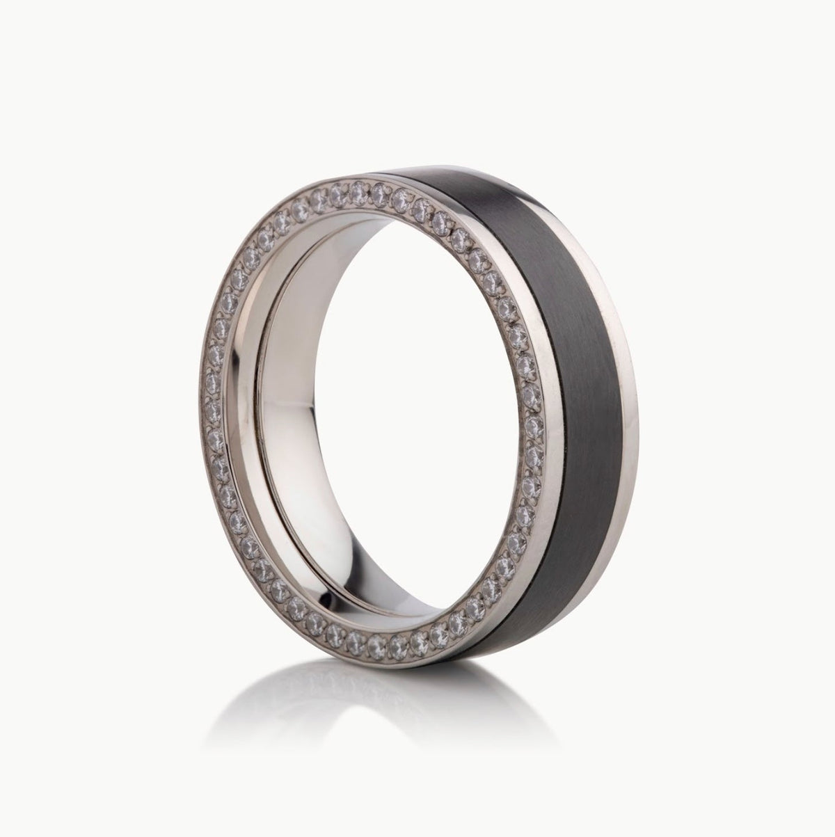 Men’s 7MM Flat Wedding Band With Zirconium Inlay and Diamonds on Edges- Choice of White Gold / Yellow Gold or Rose Gold