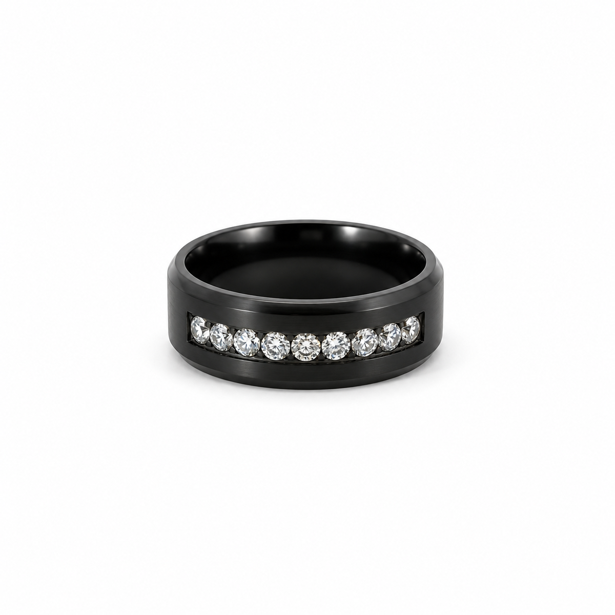 Men’s 8MM Bevelled Edge Wedding Band with Single Row of White Diamonds - Choice of Zirconium - Men’s Wedding Band