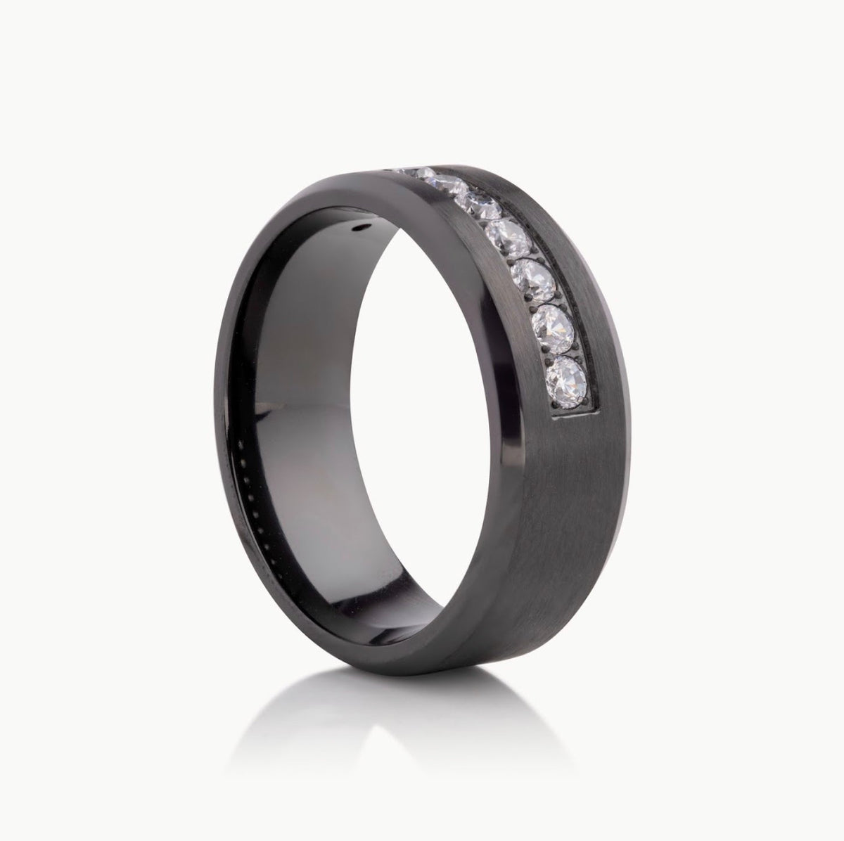 Men’s 8MM Bevelled Edge Wedding Band with Single Row of White Diamonds - Choice of Zirconium - Men’s Wedding Band
