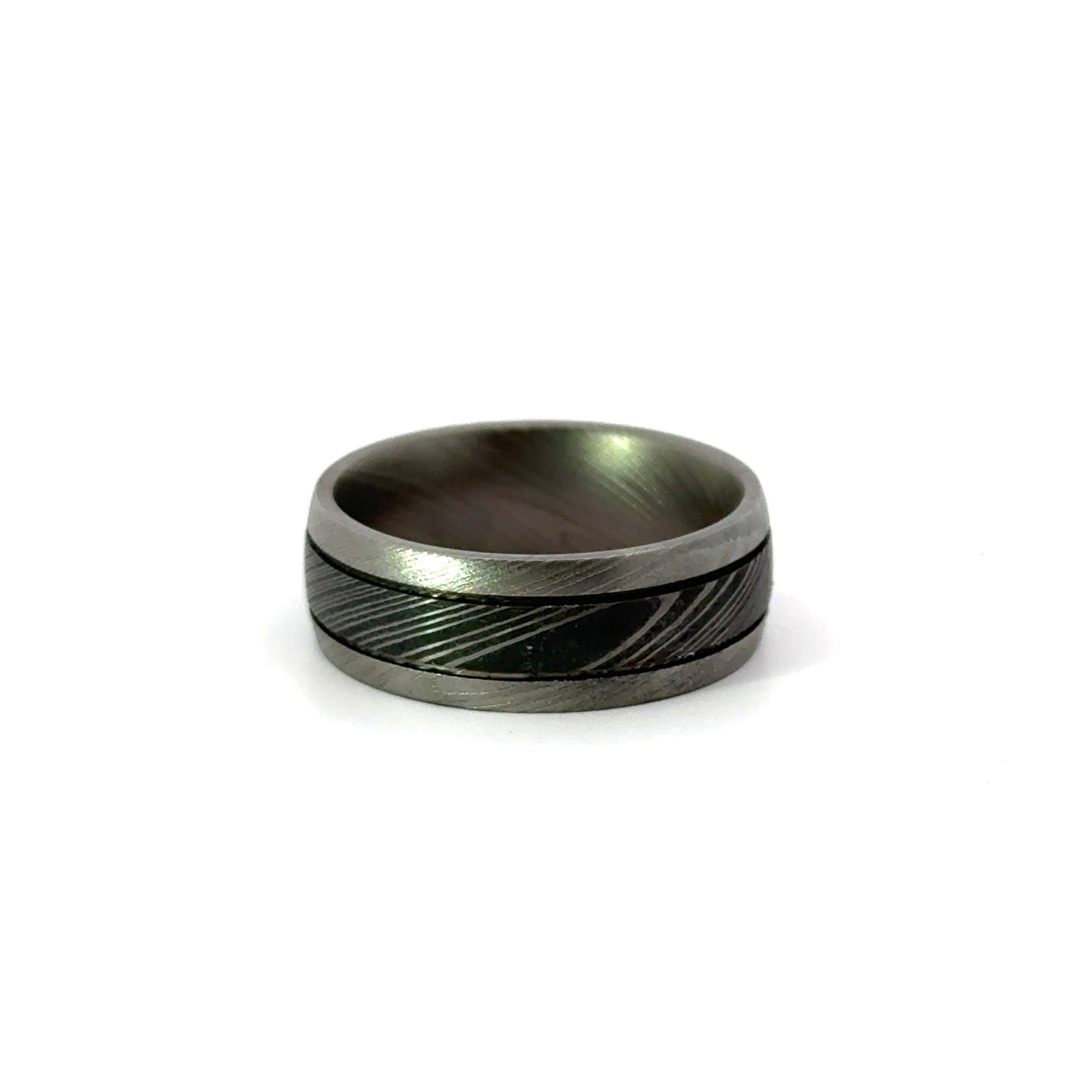 Men’s 8MM Grooved Dome Wedding Band- Acid / Bead Damascus - Men’s Wedding Band
