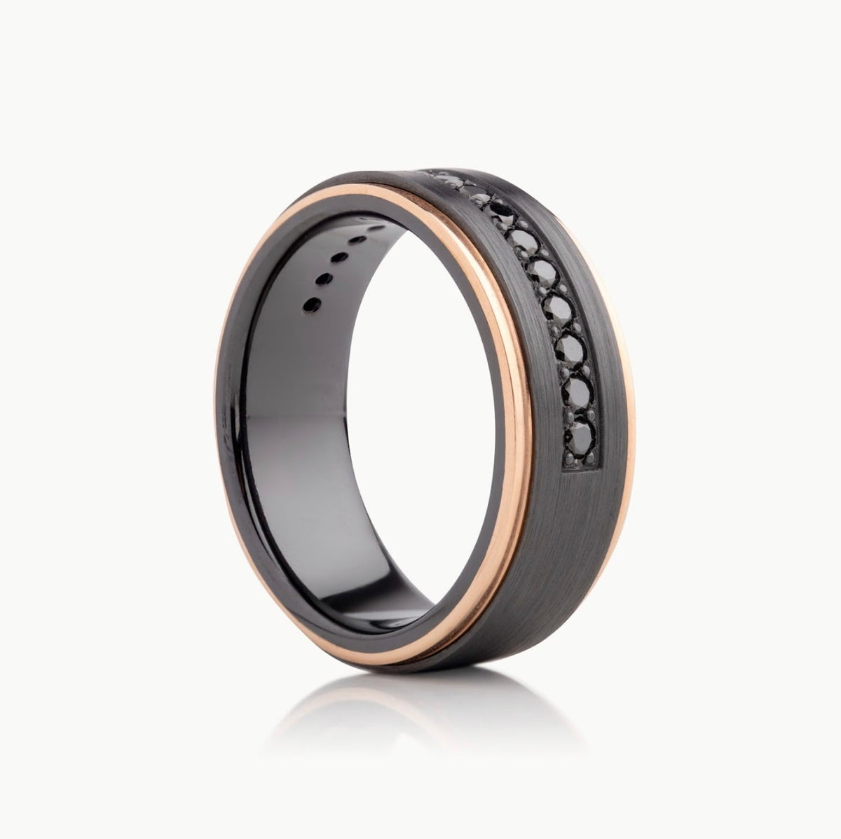 Men’s 8MM Step Cut Design with Black Diamonds and Choice of Rose Gold Yellow Gold or White Gold Edges- Choice