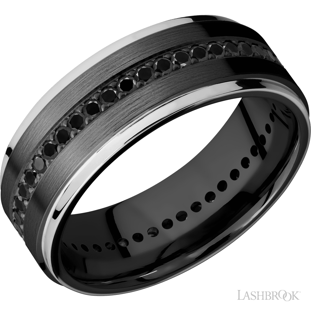 Men’s 8MM Step Cut Design with Black Diamonds and Choice of Rose Gold Yellow Gold or White Gold Edges- Choice