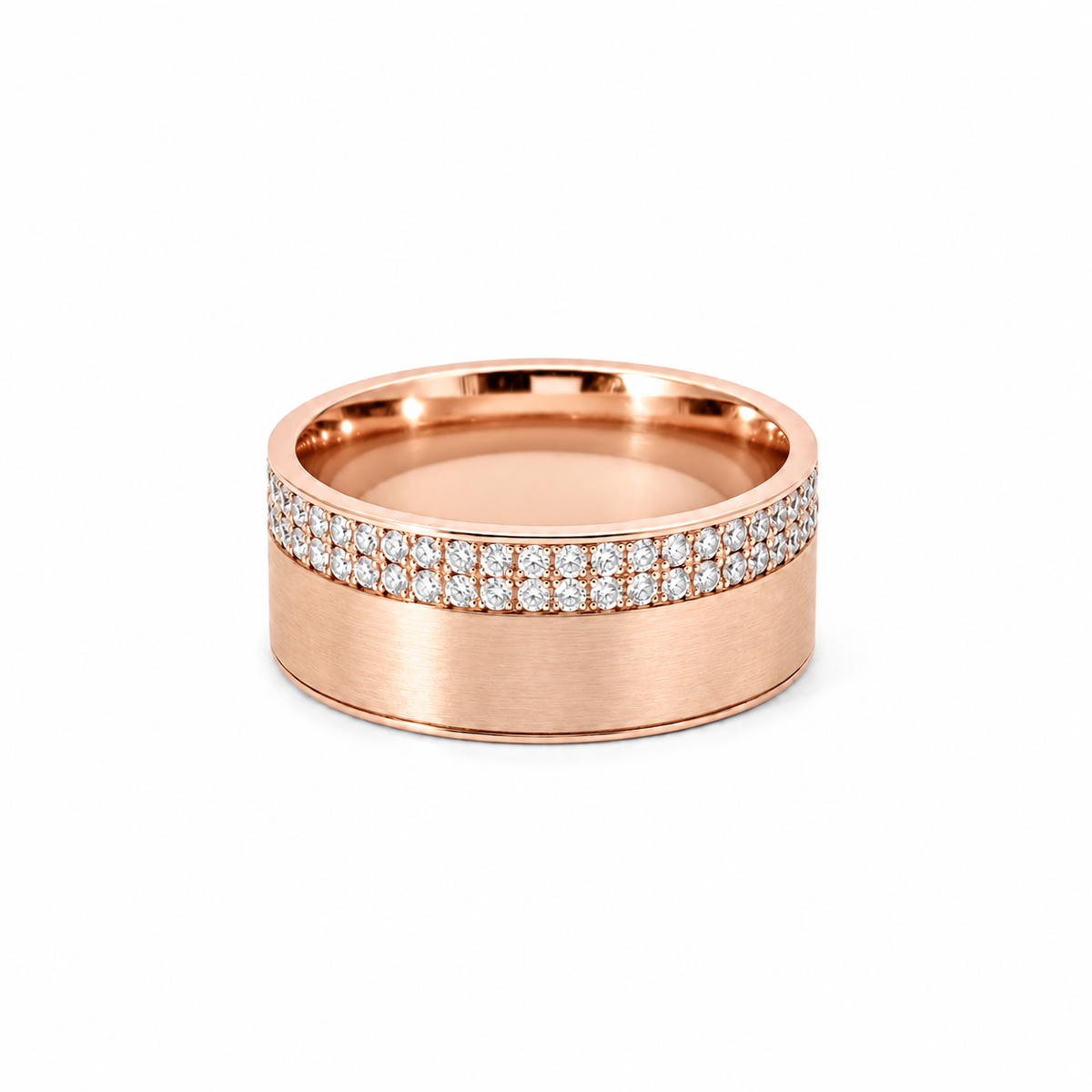 Men’s 9MM Flat Band with 2 Offset Rows of Diamonds | Lab or Natural Diamonds | 14KT White Gold Yellow Gold Rose Gold