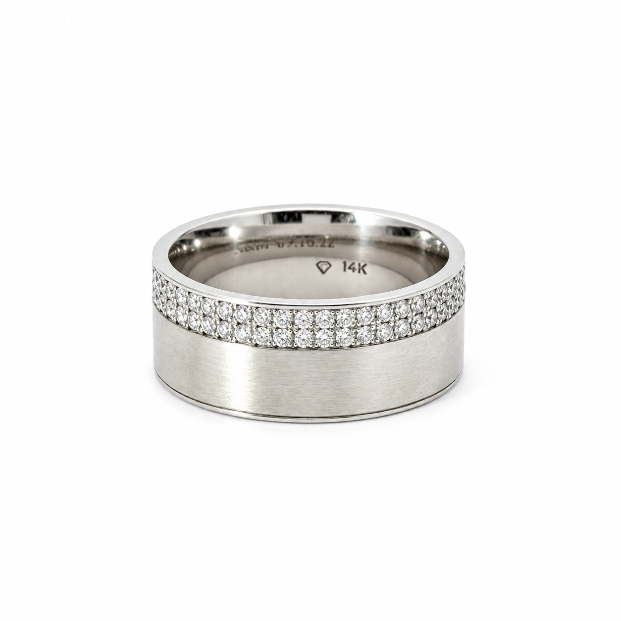 Men’s 9MM Flat Band with 2 Offset Rows of Diamonds - Choice of White Gold / Yellow Gold / Rose Gold or Cobalt - Men’s