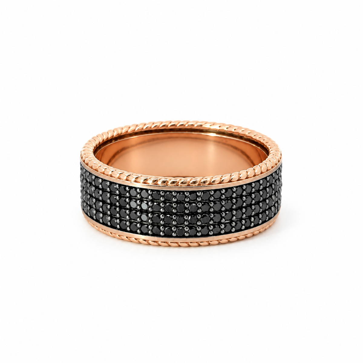 Men’s 9MM Flat Band with Rope Edges - 4 Rows of Black Diamonds - Choice of Rose Gold / Yellow Gold or White Gold