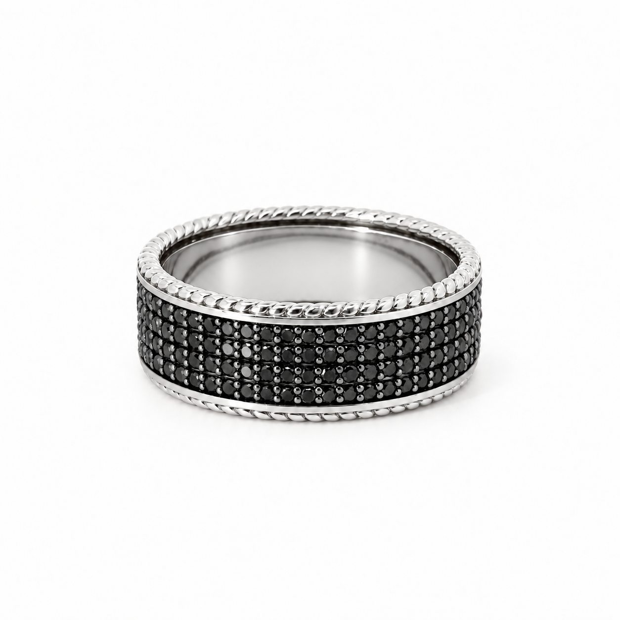 Men’s 9MM Flat Band with Rope Edges | 4 Rows of Black Diamonds | 14KT Rose Gold Yellow Gold or White Gold | Men’s