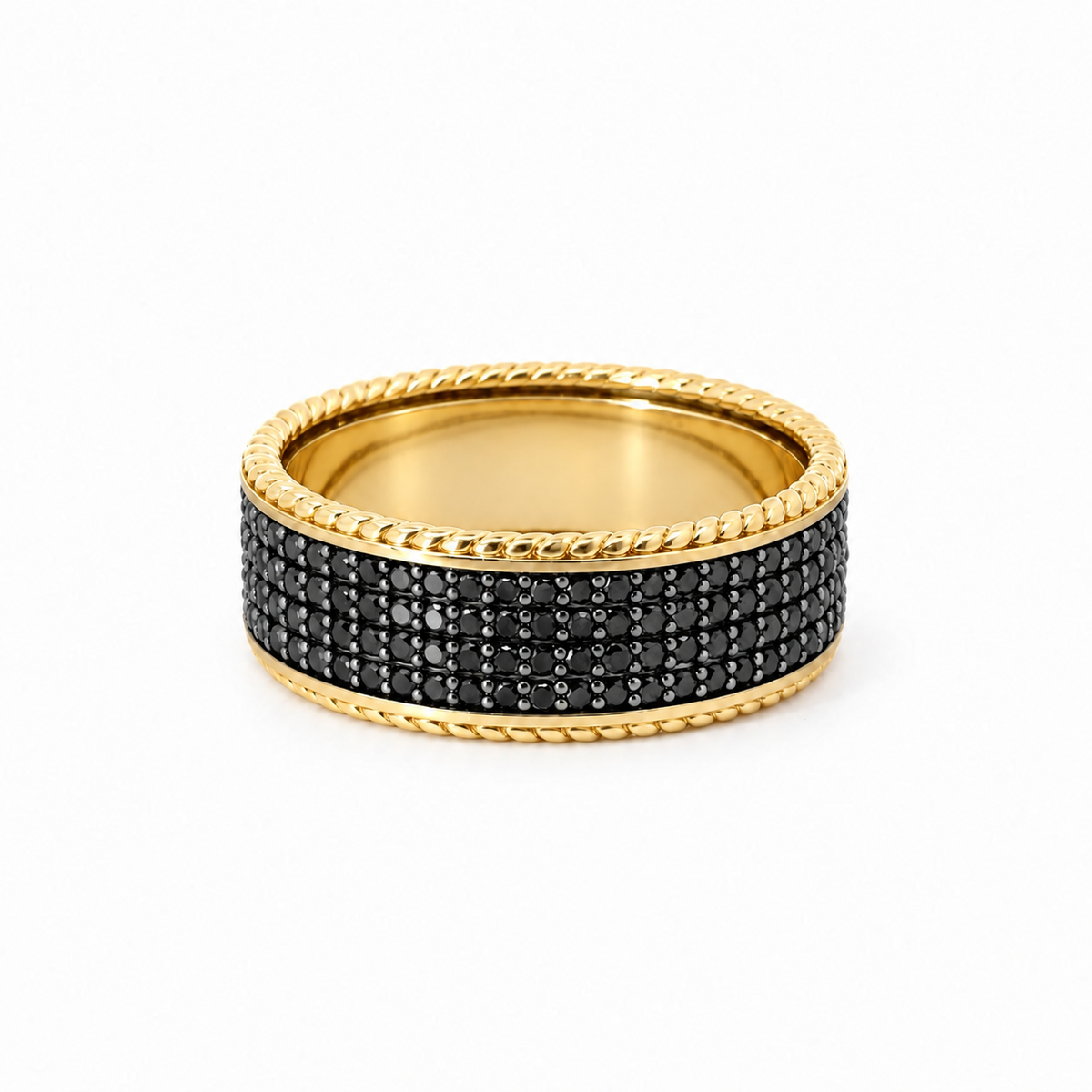 Men’s 9MM Flat Band with Rope Edges | 4 Rows of Black Diamonds | 14KT Rose Gold Yellow Gold or White Gold | Men’s
