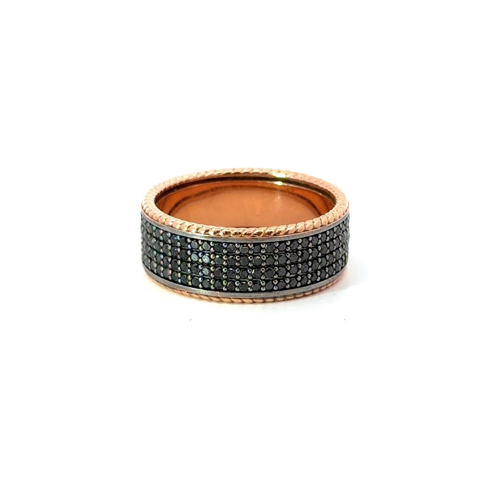 Men’s 9MM Flat Band with Rope Edges - 4 Rows of Black Diamonds - Choice of Rose Gold / Yellow Gold or White Gold