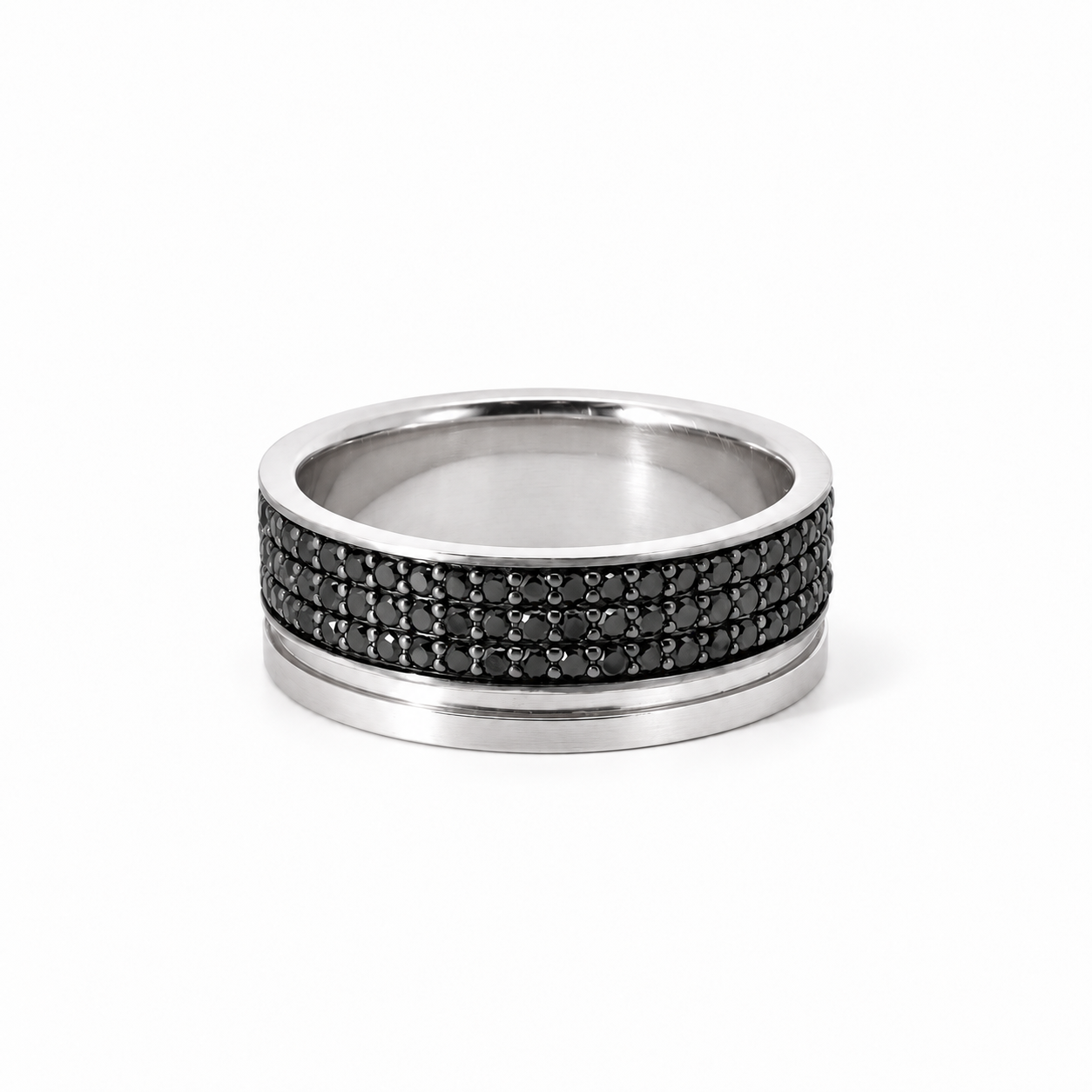 Men’s 9MM Flat with Groove Wedding Band | 3 Rows of Off-Set Black Diamonds | 14KT Rose Gold Yellow Gold or White Gold