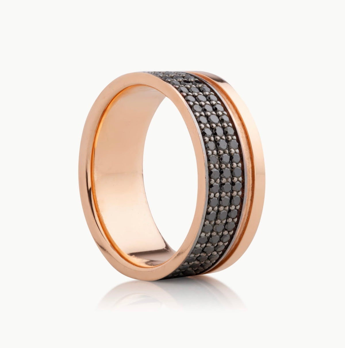 Men’s 9MM Flat with Groove Wedding Band - 3 Rows of Off-Set Black Diamonds - Choice of Rose Gold / Yellow Gold or White