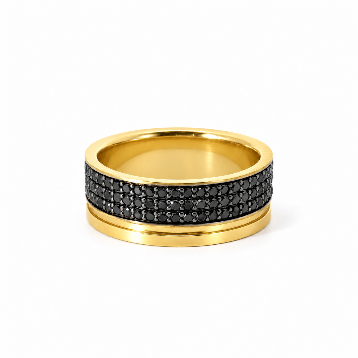 Men’s 9MM Flat with Groove Wedding Band | 3 Rows of Off-Set Black Diamonds | 14KT Rose Gold Yellow Gold or White Gold