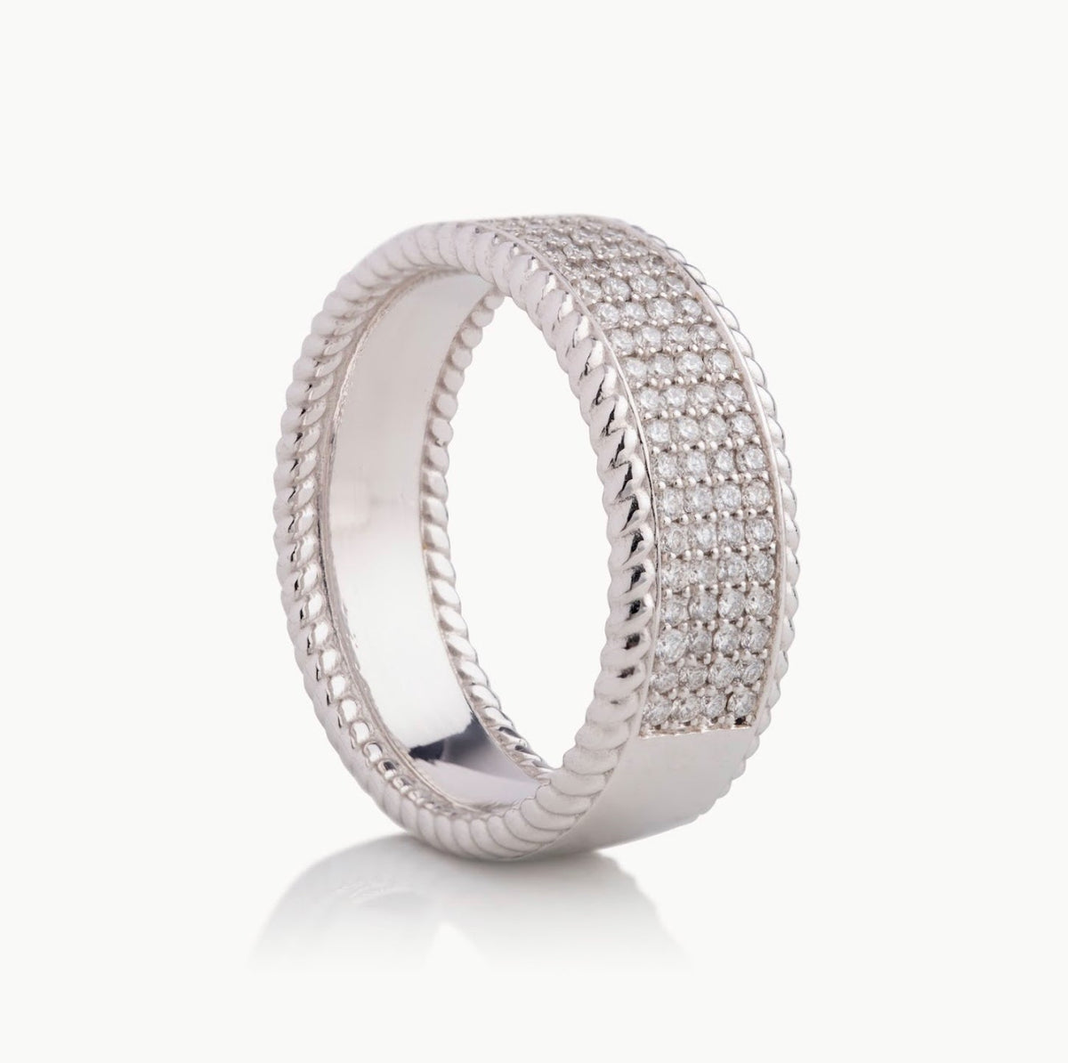 Men’s 9MM Flat with Rope Edge Design - 4 Rows of Diamonds - 1/2 Way - Choice of White Gold Yellow Gold Rose Gold