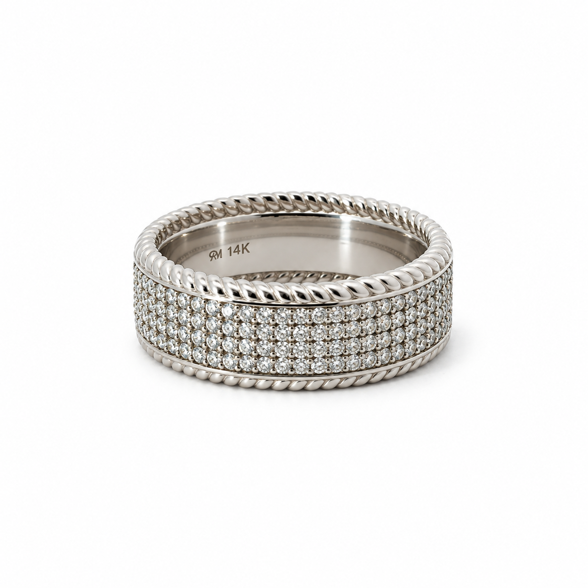Men’s 9MM Flat with Rope Edge Design - 4 Rows of Diamonds - 1/2 Way - Choice of White Gold Yellow Gold Rose Gold