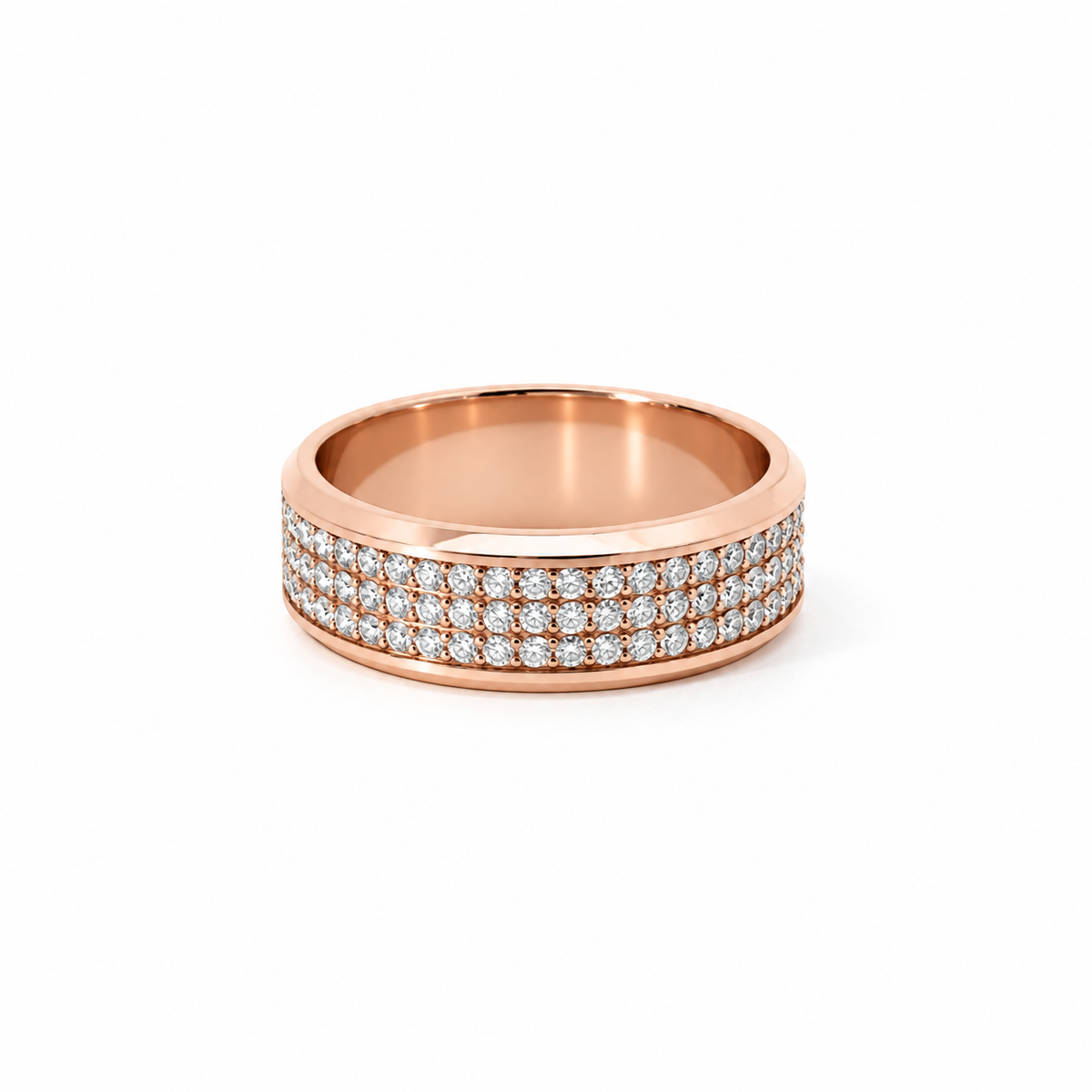 Men’s Beveled Edge Wedding Band | 3-Row Diamond Band | 1/2 Eternity or Full Eternity | 14KT White Yellow Rose or Black