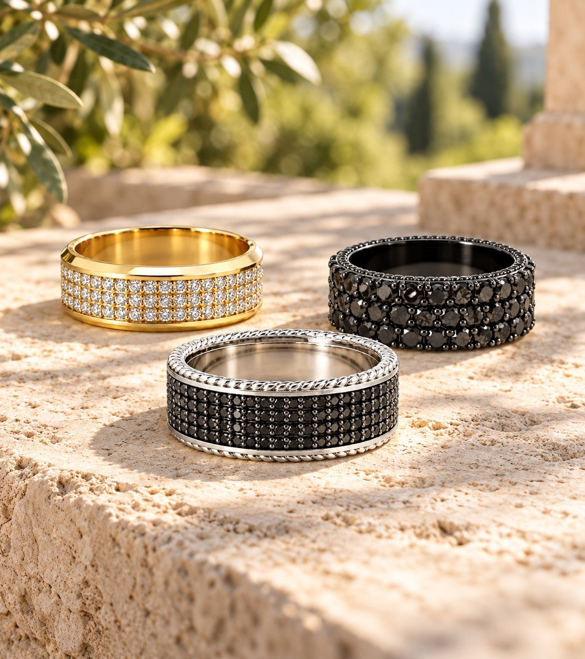 Men's black diamond pave wedding bands in yellow and white gold - diamondboi