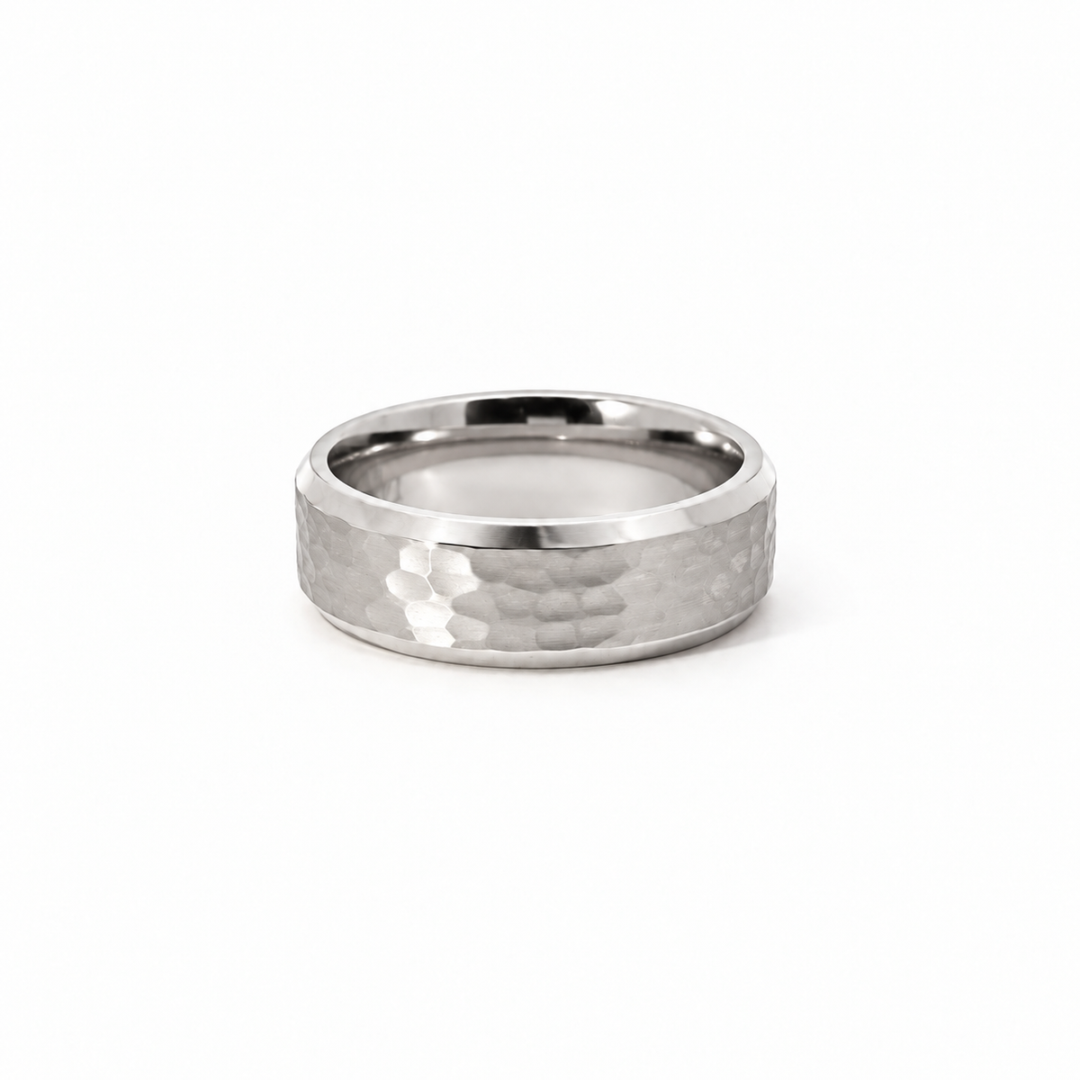 Men’s Flat Bevelled Edge Wedding Band with Hammer Finish | 6MM to 8MM | 14KT White Gold Yellow Gold Rose Gold