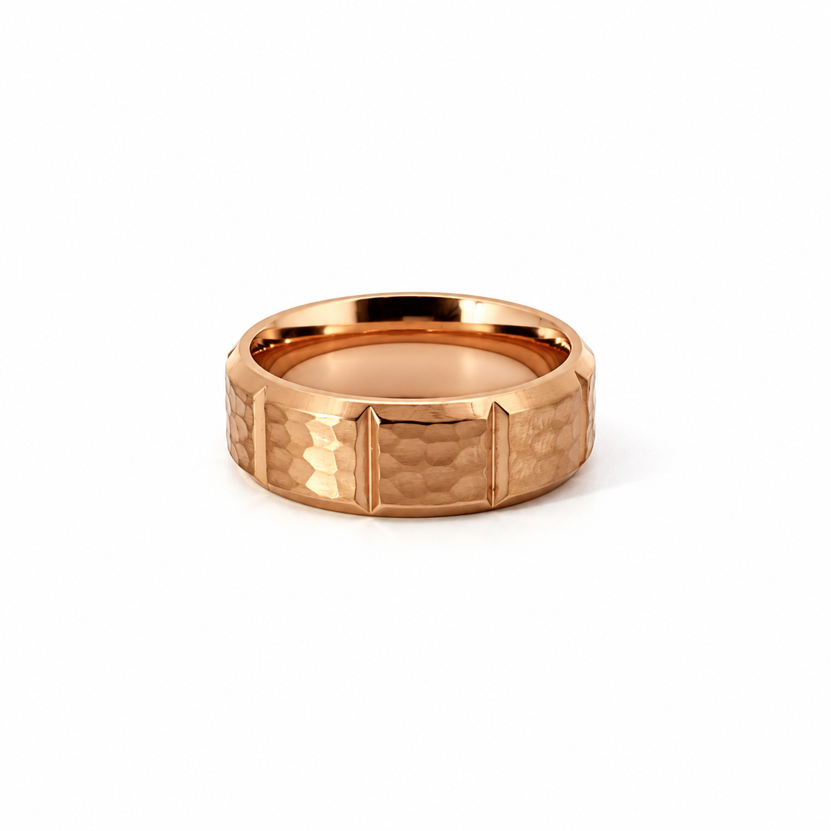 Men’s Flat High Bevelled Edge Wedding Band with Hammer Finish and Deepseg Design Pattern - 6 / 7 or 8MM - Choice