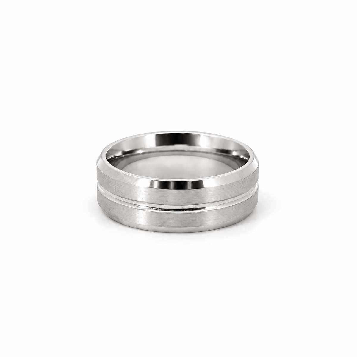 Men’s Flat Bevelled with Centre Accent Groove Wedding Band | 6 7 or 8MM | Choice of White Gold Yellow Gold Rose Gold