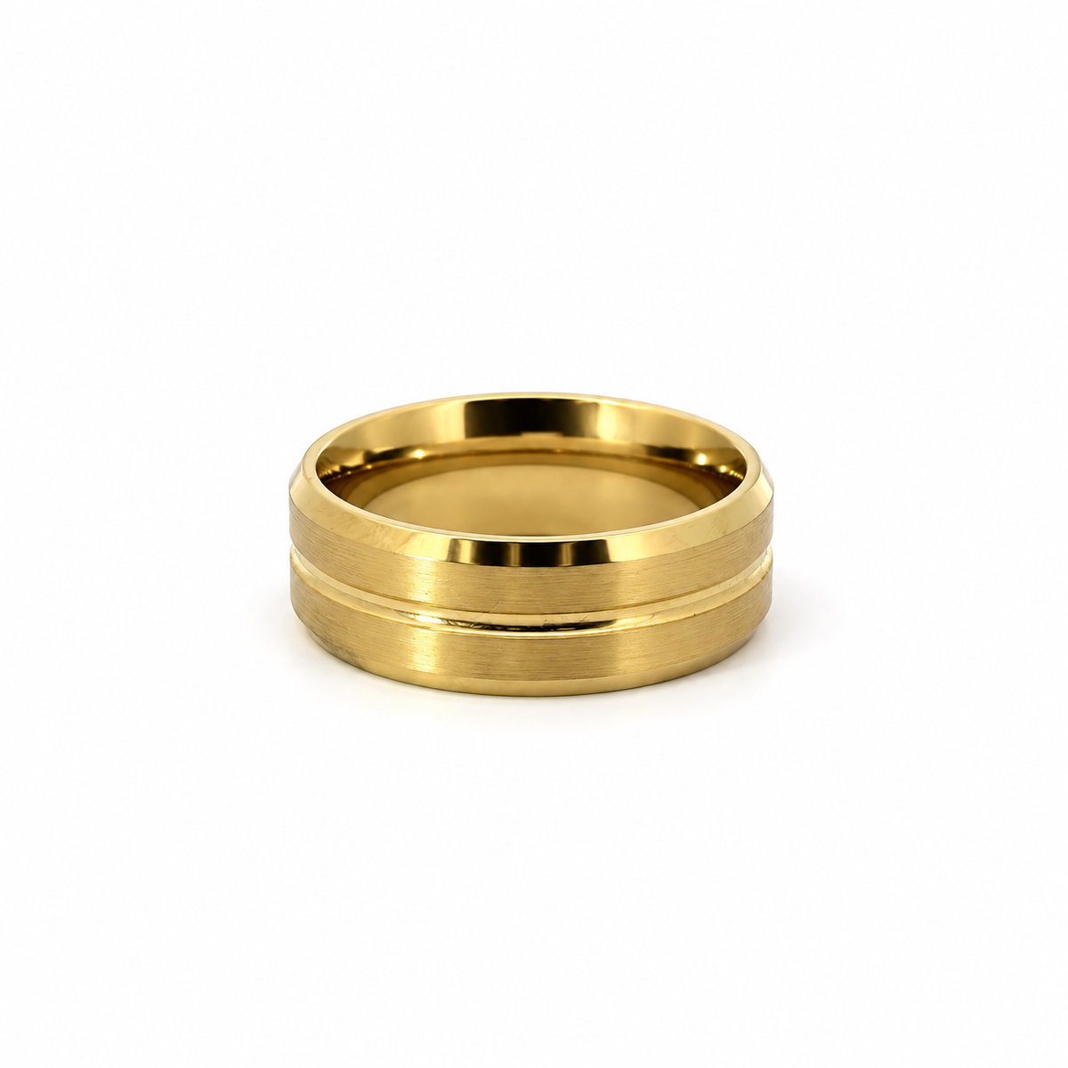 Men’s Flat Bevelled with Centre Accent Groove Wedding Band | 6 7 or 8MM | Choice of White Gold Yellow Gold Rose Gold