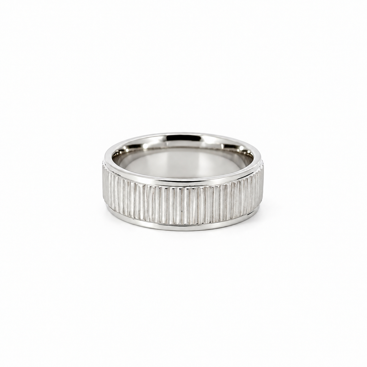 Men’s Flat Grooved Edge Wedding Band | Treebark Finish | 6MM to 8MM | 14KT White Yellow Rose Gold or Zirconium | Men’s