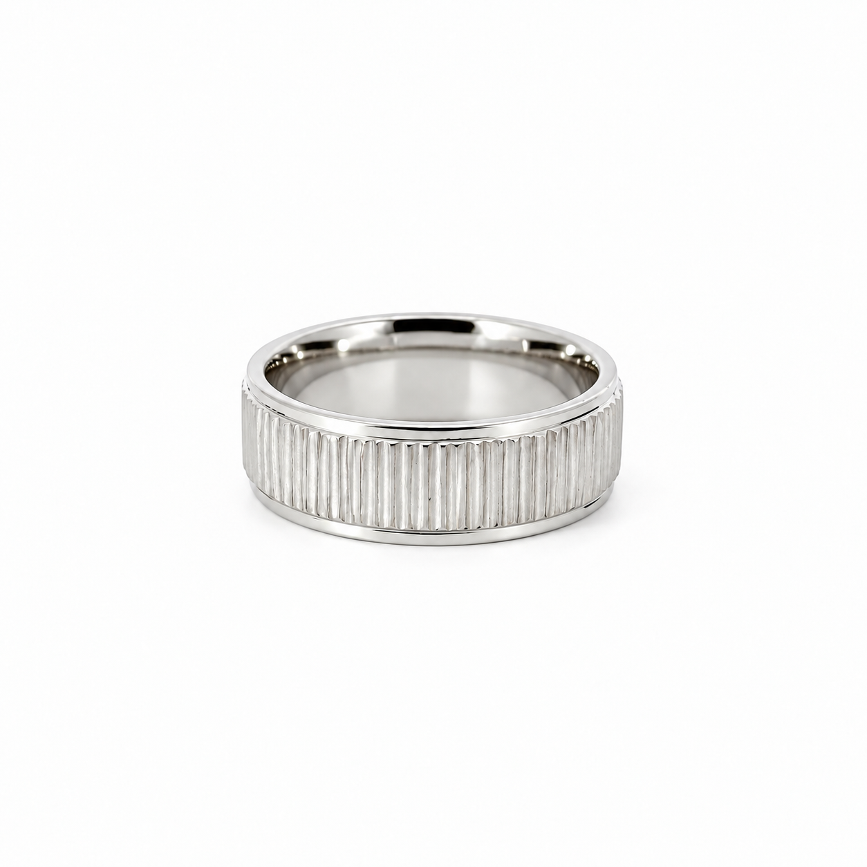 Men’s Flat Grooved Edge Wedding Band | Treebark Finish | 6MM to 8MM | 14KT White Yellow Rose Gold or Zirconium | Men’s