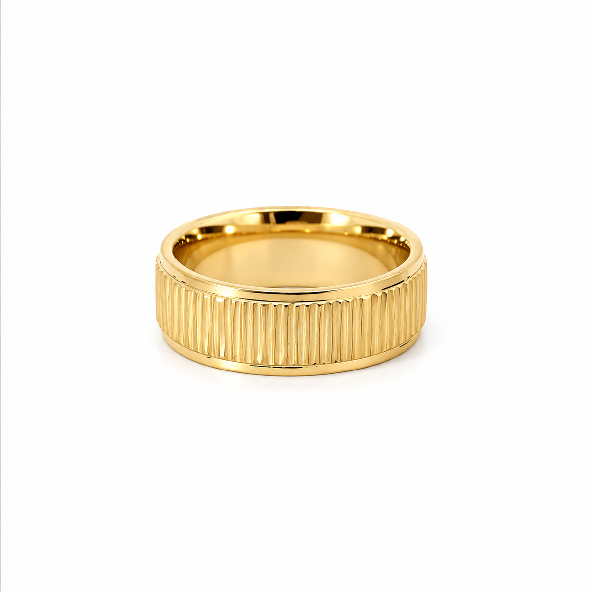 Men’s Flat Grooved Edge Wedding Band | Treebark Finish | 6MM to 8MM | 14KT White Yellow Rose Gold or Zirconium | Men’s