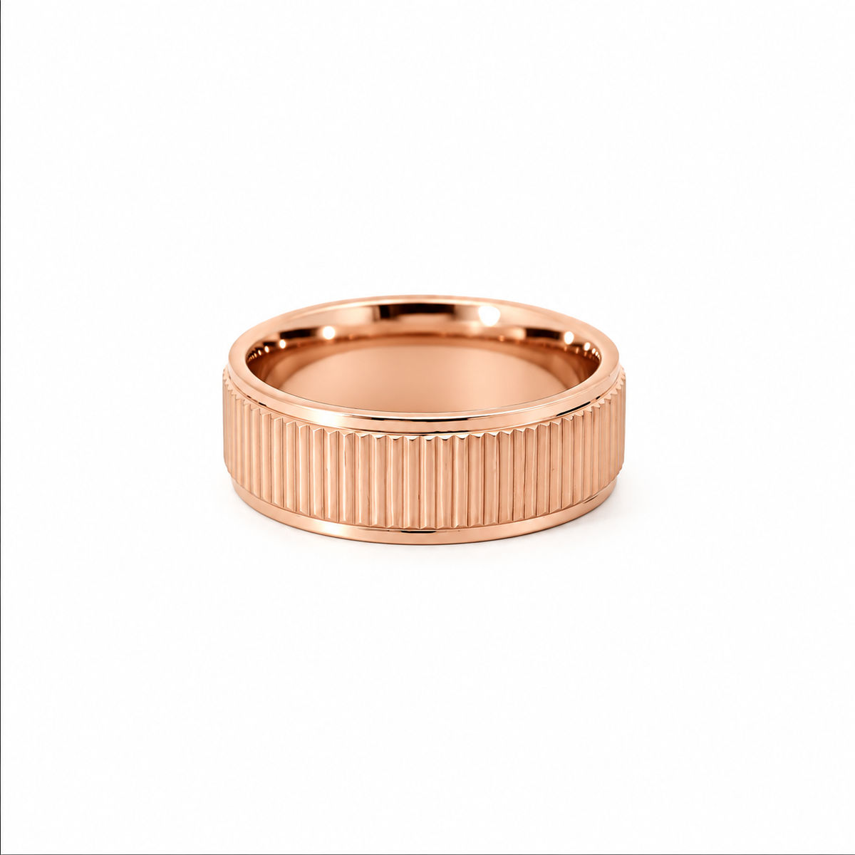 Men’s Flat Grooved Edge Wedding Band | Treebark Finish | 6MM to 8MM | 14KT White Yellow Rose Gold or Zirconium | Men’s