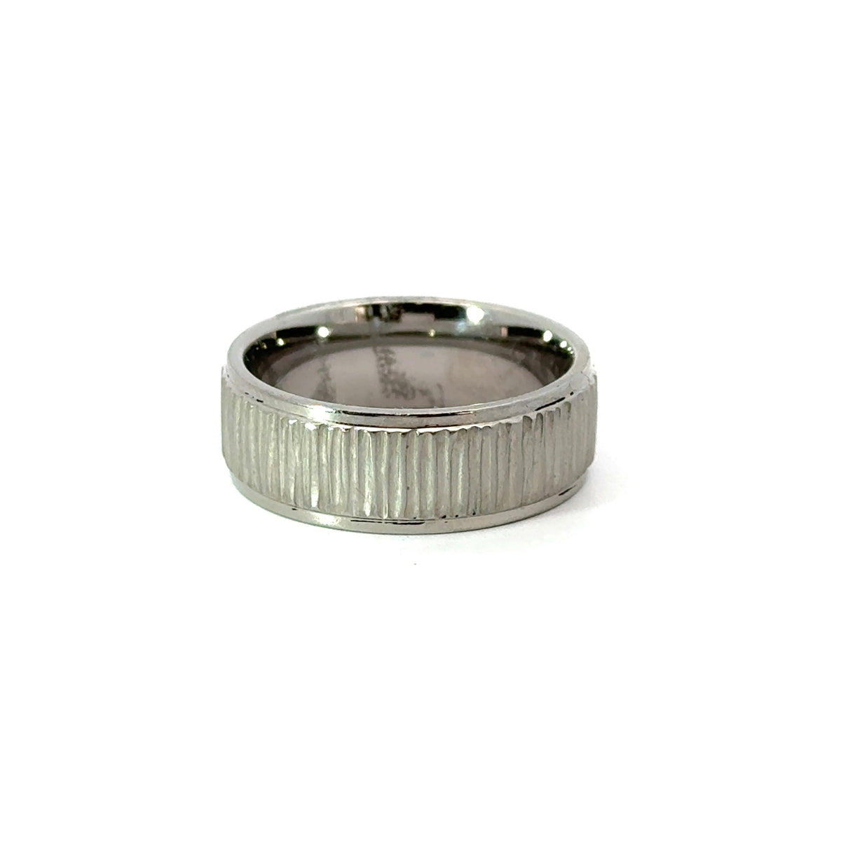 Men’s Flat Grooved Edge Wedding Band with Treebark Finish - 6 / 7 or 8MM - Choice of White Gold / Yellow Gold or Rose