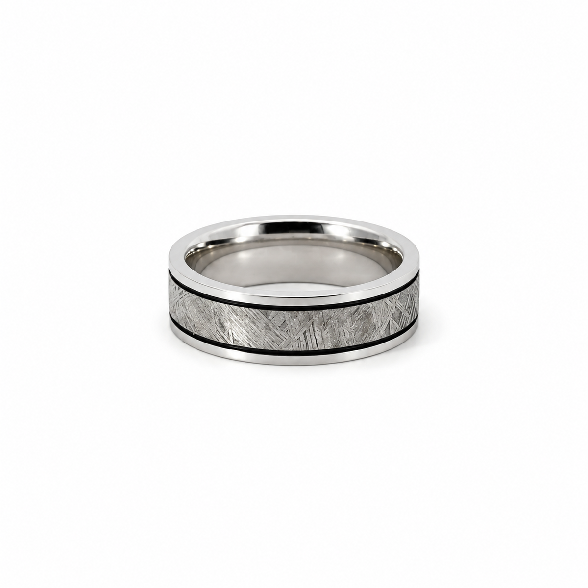 Men’s Flat Meteorite and Cobalt with Black Accent Line Wedding Band - 6 / 7 or 8MM - Men’s Wedding Band