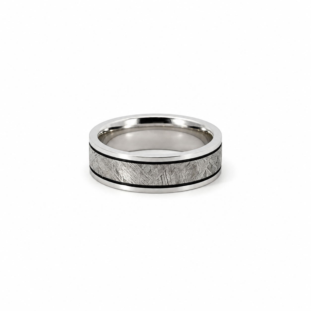 Men’s Flat Meteorite and Cobalt with Black Accent Line Wedding Band - 6 / 7 or 8MM - Men’s Wedding Band