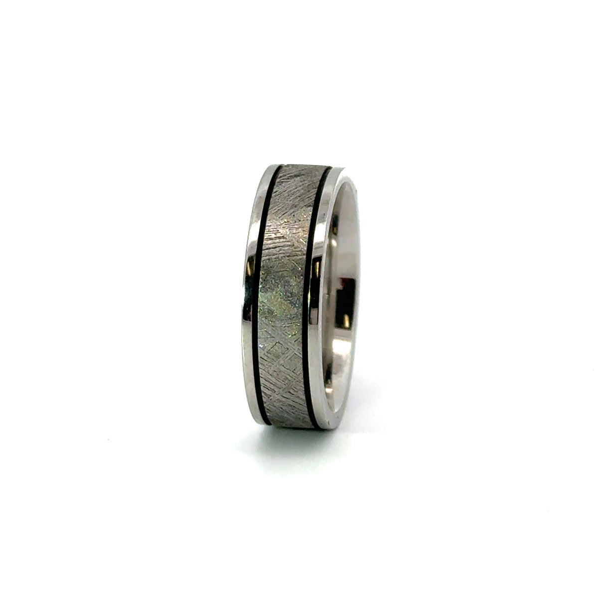 Men’s Flat Meteorite and Cobalt with Black Accent Line Wedding Band- 6 / 7 or 8MM - Men’s Wedding Band