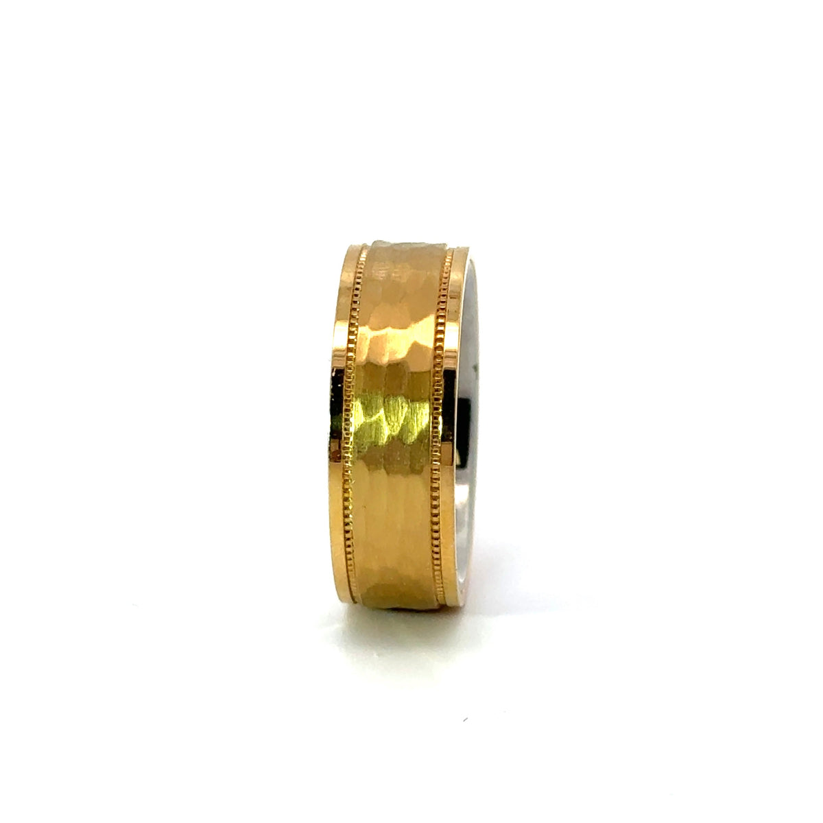 Men’s Flat with Milgrain Edge Wedding Band with Hammer Finish - 6 / 7 or 8MM - Choice of White Gold / Yellow Gold