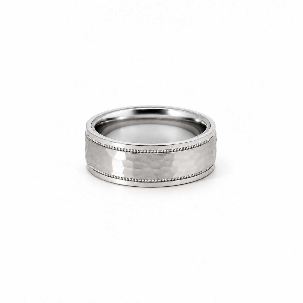 Men’s Flat with Milgrain Edge Wedding Band with Hammer Finish | 6MM to 8MM | 14KT White Gold Yellow Gold or Rose Gold