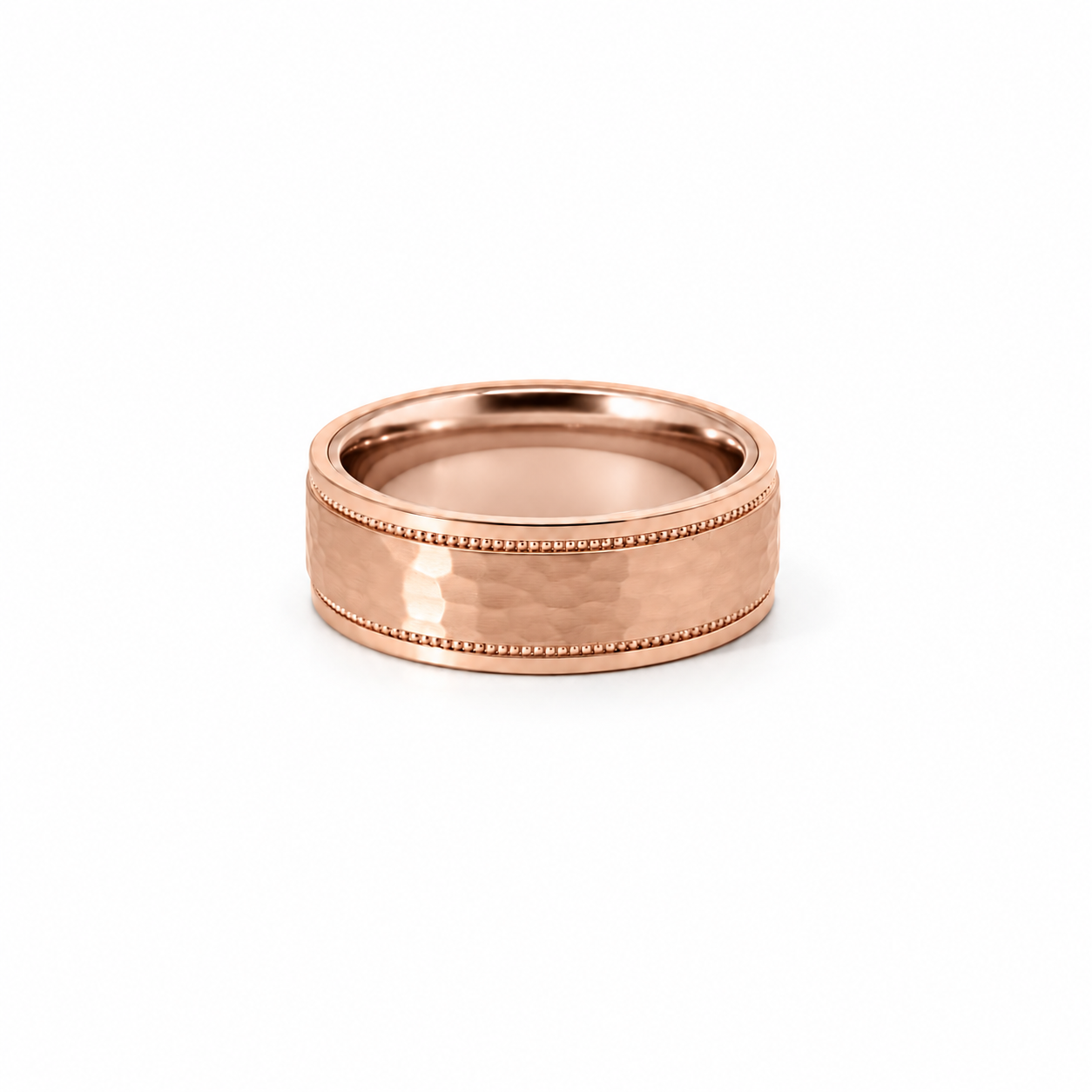 Men’s Flat with Milgrain Edge Wedding Band with Hammer Finish | 6MM to 8MM | 14KT White Gold Yellow Gold or Rose Gold
