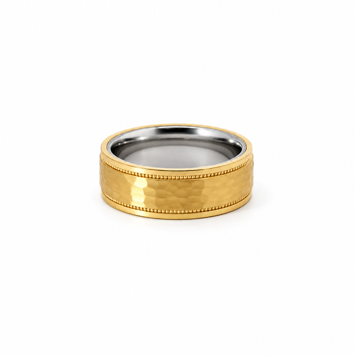 Men’s Flat with Milgrain Edge Wedding Band with Hammer Finish - 6 / 7 or 8MM - Choice of White Gold / Yellow Gold