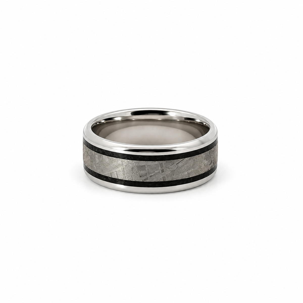 Men’s 8MM High Bevel Wedding Band - Cobalt with Black Dinosaur Bone and Meteorite - Men’s Wedding Band