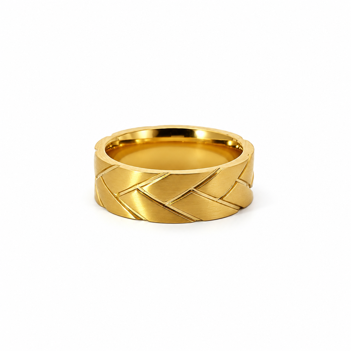 Men’s Flat with Flatbraid Pattern Wedding Band - Satin Finish 7 or 8MM - Choice of Yellow Gold White Gold or Rose Gold