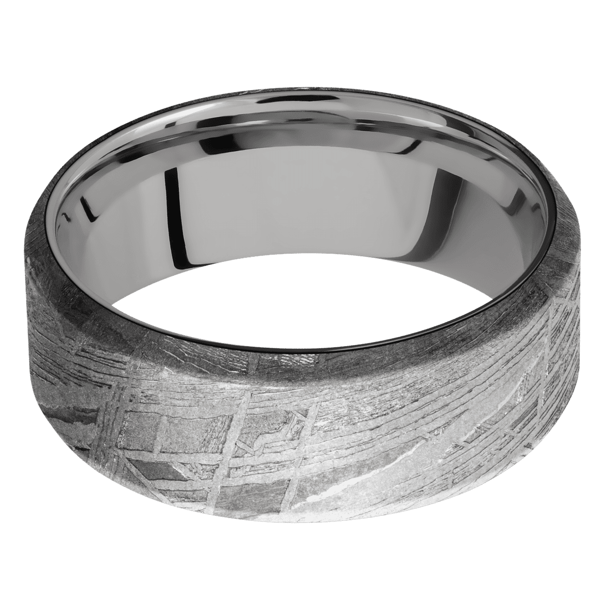 Meteorite + None Finish + Titanium - 8 mm wide Beveled Meteorite band featuring a Titanium sleeve. - Custom