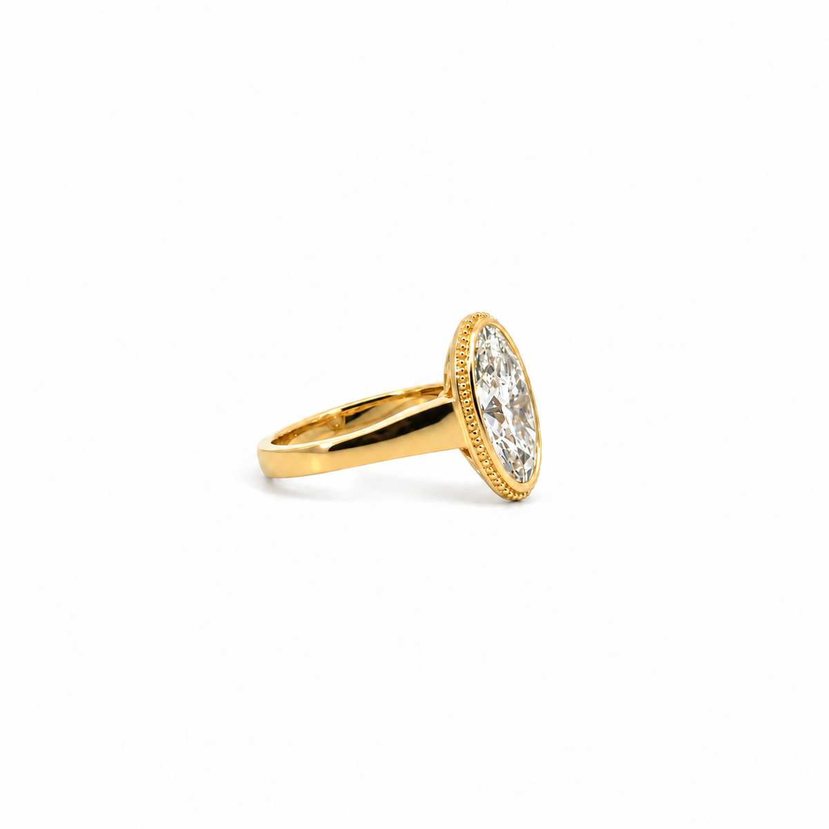 Moval lab diamond engagement ring, milgrain bezel on a 4mm to 2.50mm graduated cigar band with cathedral setting – view 2 of 3