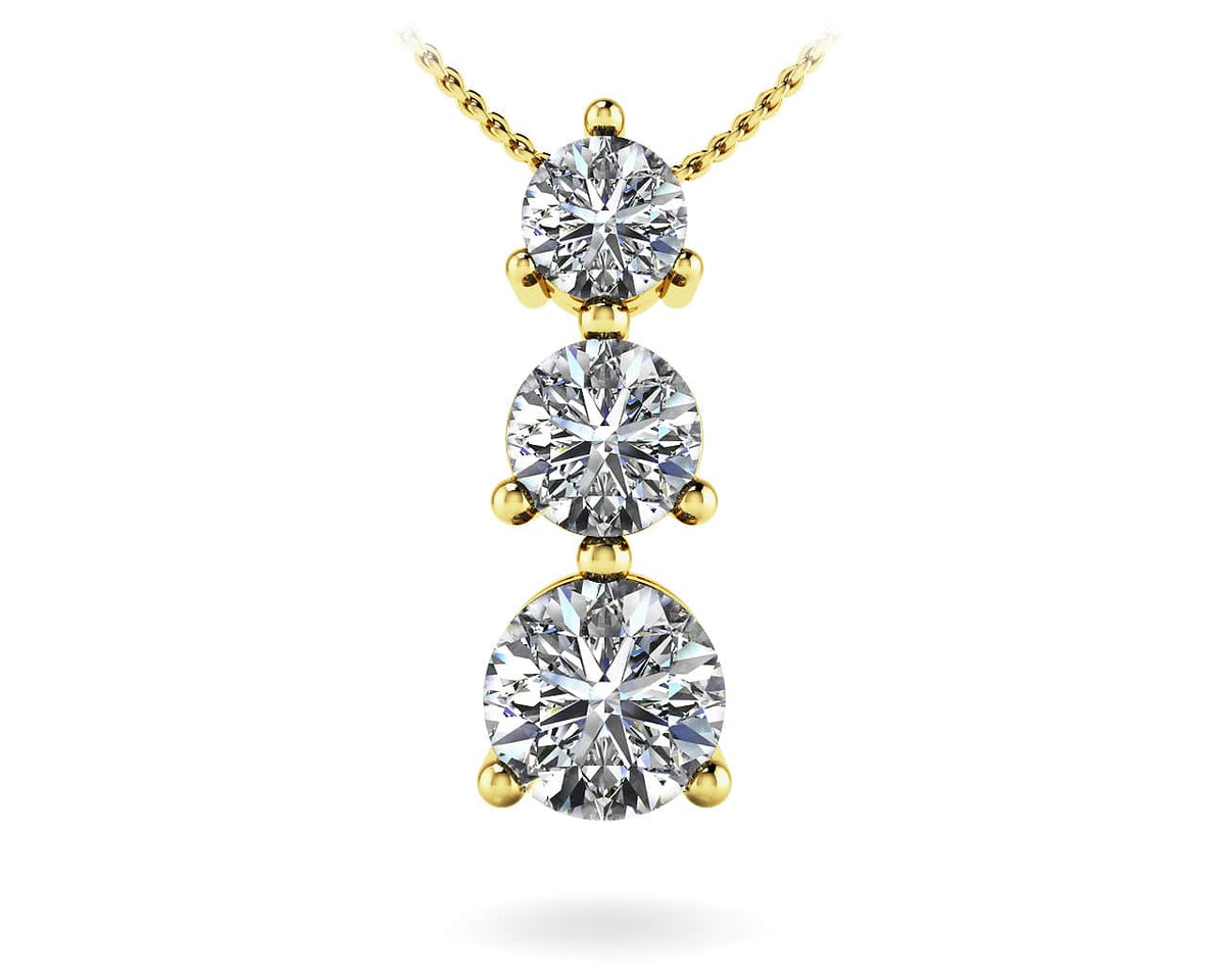 Natural Diamond Three Prong 3 Stone Pendant In 14K Yellow Gold Or White Gold - Natural Diamond Necklace