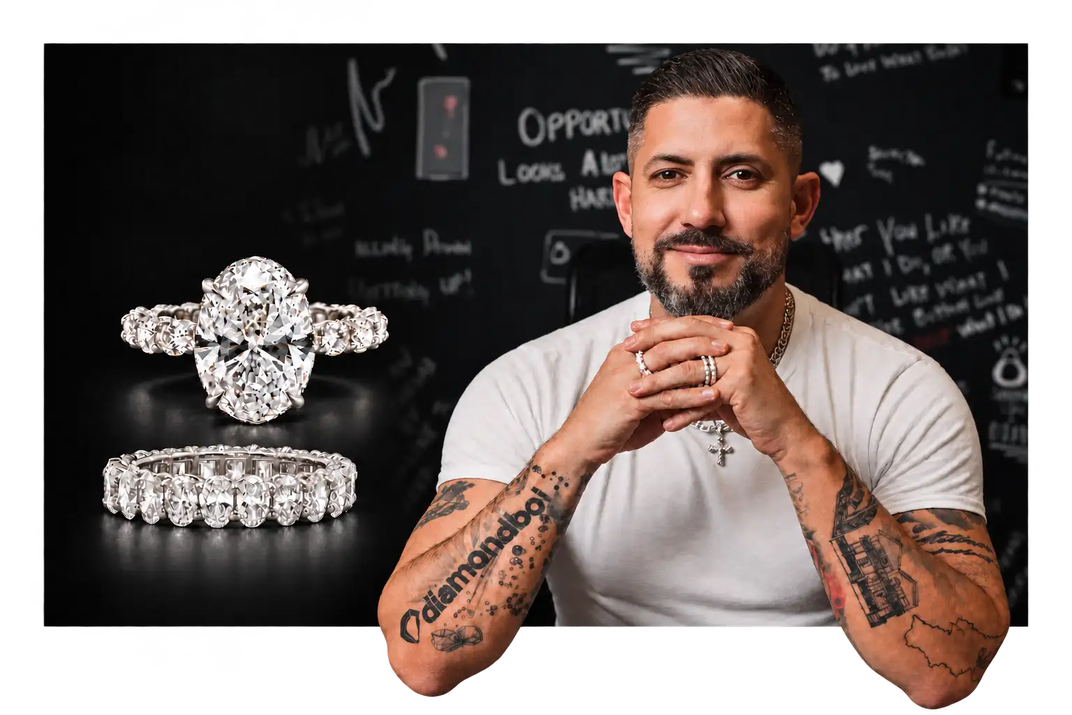 A dazzling oval-cut diamond engagement ring with a halo of smaller diamonds, paired with an elegant band featuring a continuous row of sparkling stones.