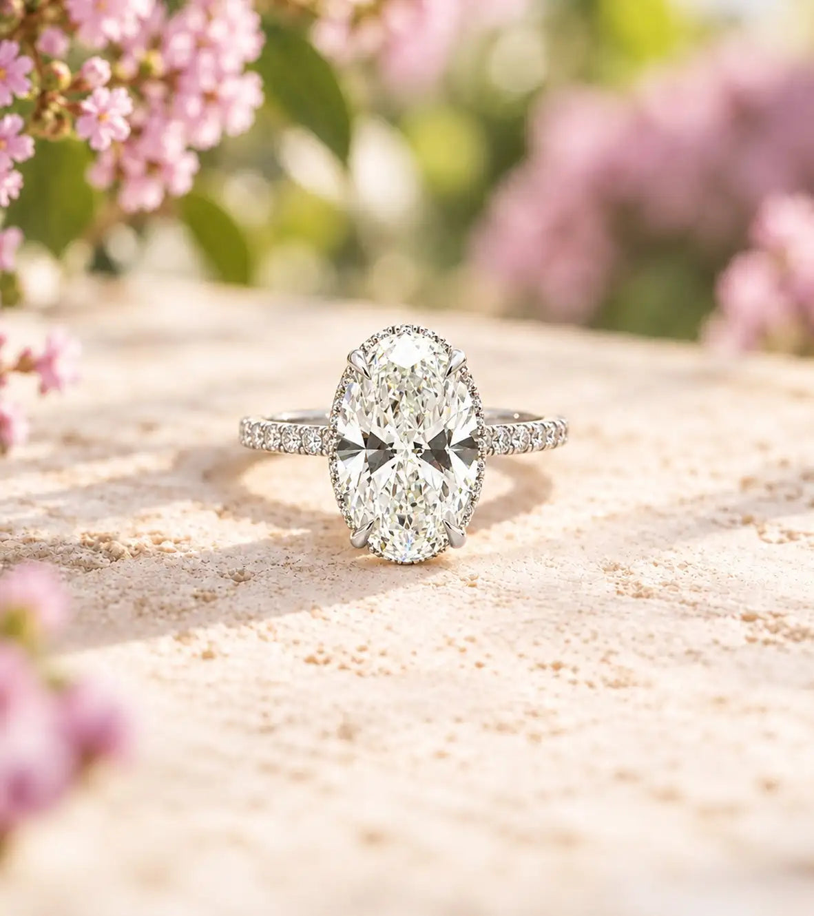Natural oval diamond engagement ring with hidden halo in white gold - diamondboi